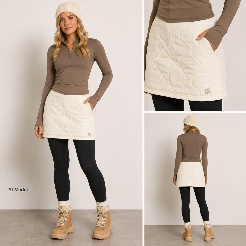 Cream Quilted Puffer Mini Skirt 24" Insulated Hiking Coney Island Alpine
